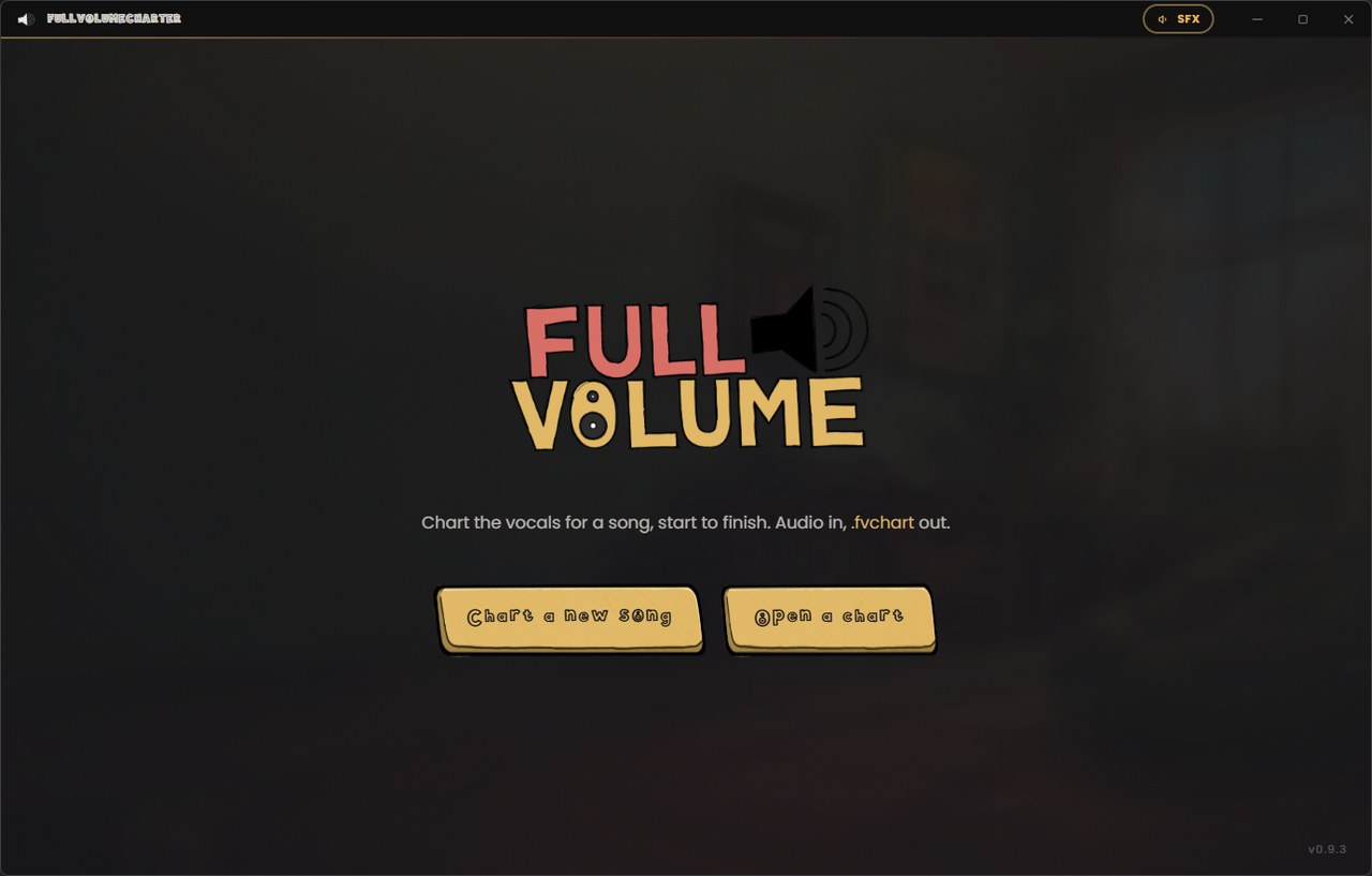 The FullVolumeCharter start screen: the FullVolume logo over the game's own room, the line 'Chart the vocals for a song, start to finish. Audio in, .fvchart out.', and two gold plates reading Chart a new song and Open a chart.
