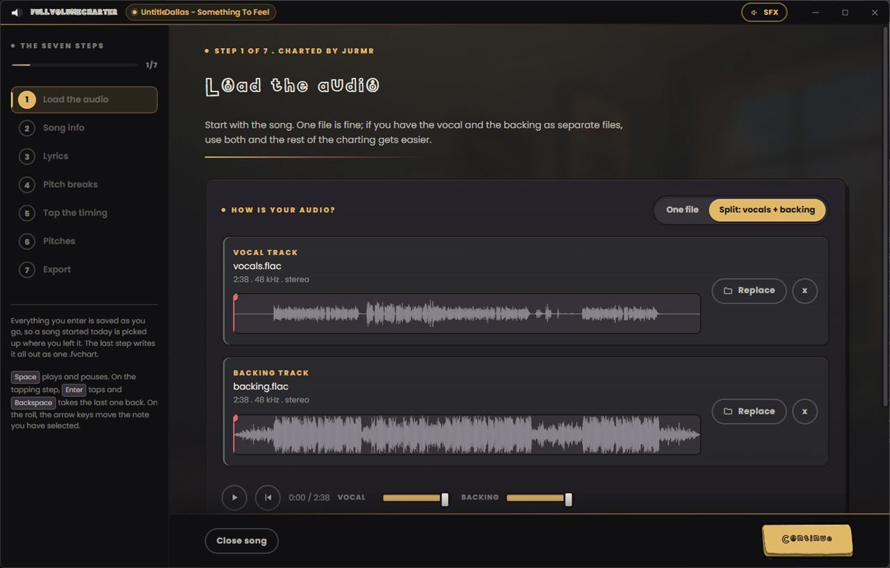 Step one of FullVolumeCharter: a vocal track and a backing track loaded as separate files, each with its waveform, length and sample rate, above a transport with independent vocal and backing volume sliders.