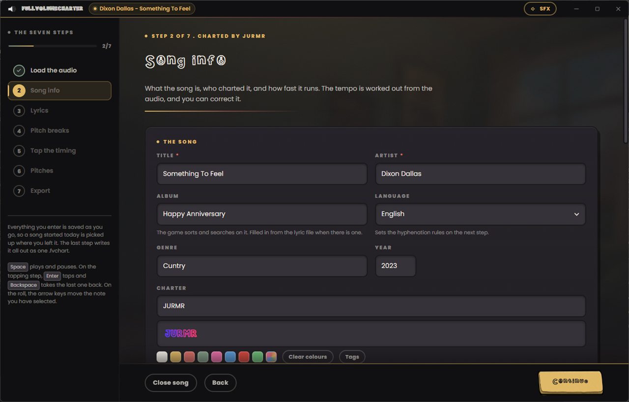 Step two of FullVolumeCharter: the song information form, with title, artist, album, language, genre, year and a charter name field showing the name JURMR colored letter by letter above a row of palette swatches.