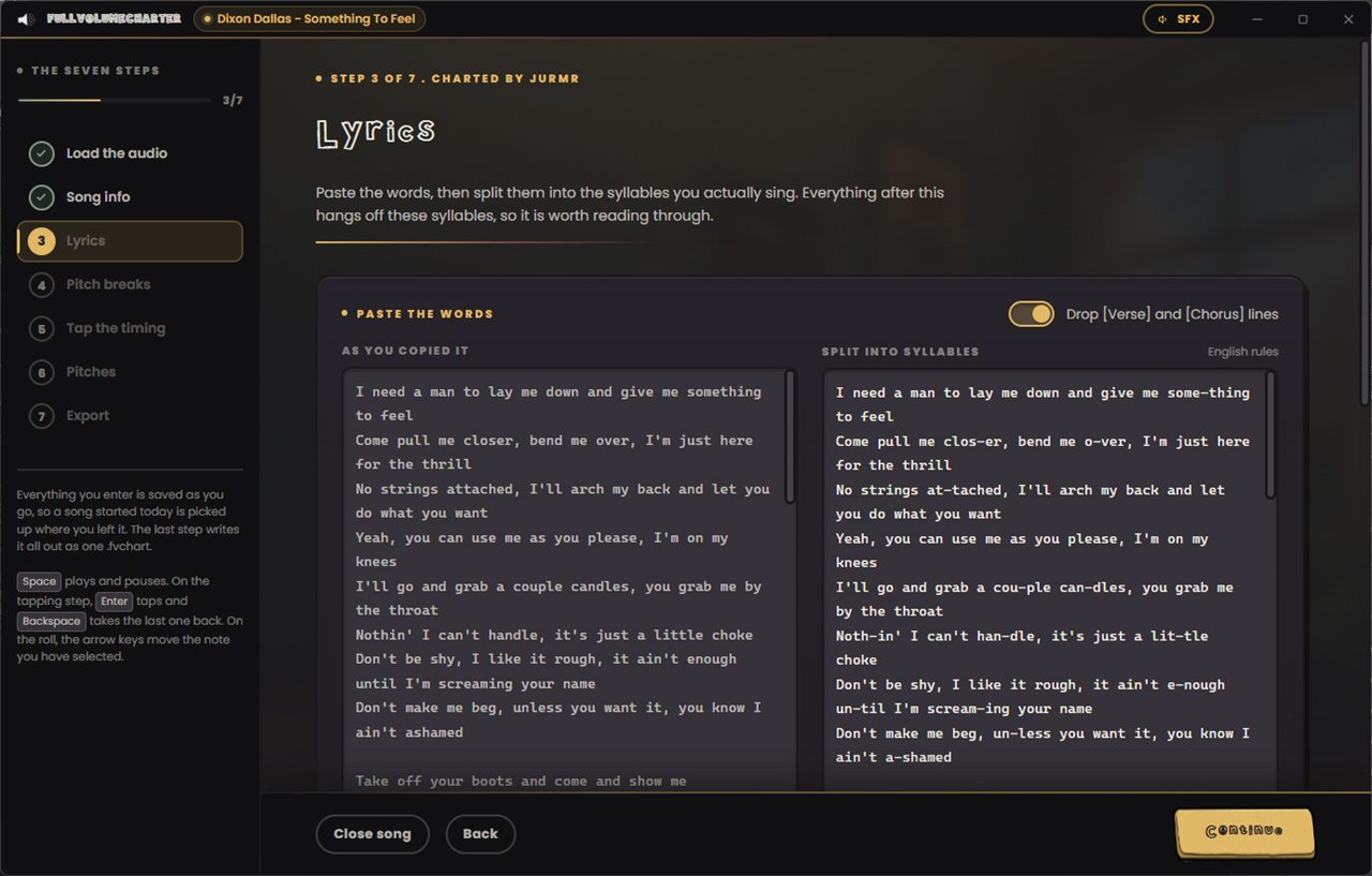 Step three of FullVolumeCharter: pasted lyrics on the left and the same lines split into hyphenated syllables on the right, with a toggle to drop bracketed Verse and Chorus markers.