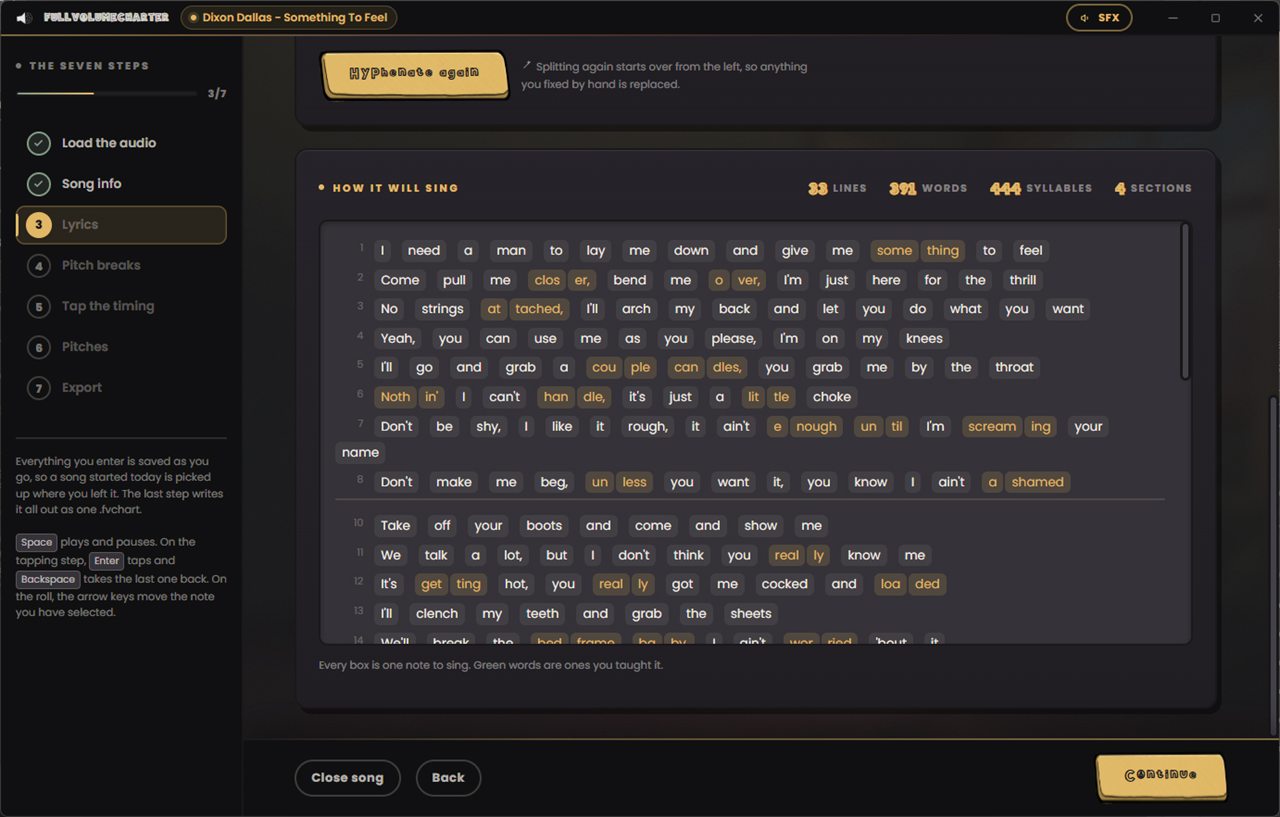 Step three: the how it will sing panel, one box per note, with counts of lines, words, syllables and sections.