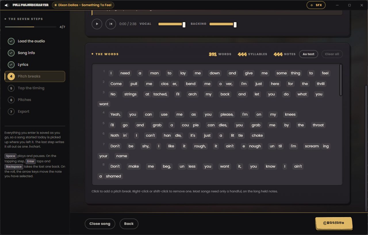 Step four of FullVolumeCharter: every syllable of the song laid out as clickable boxes line by line, with counts of words, syllables and notes above them.