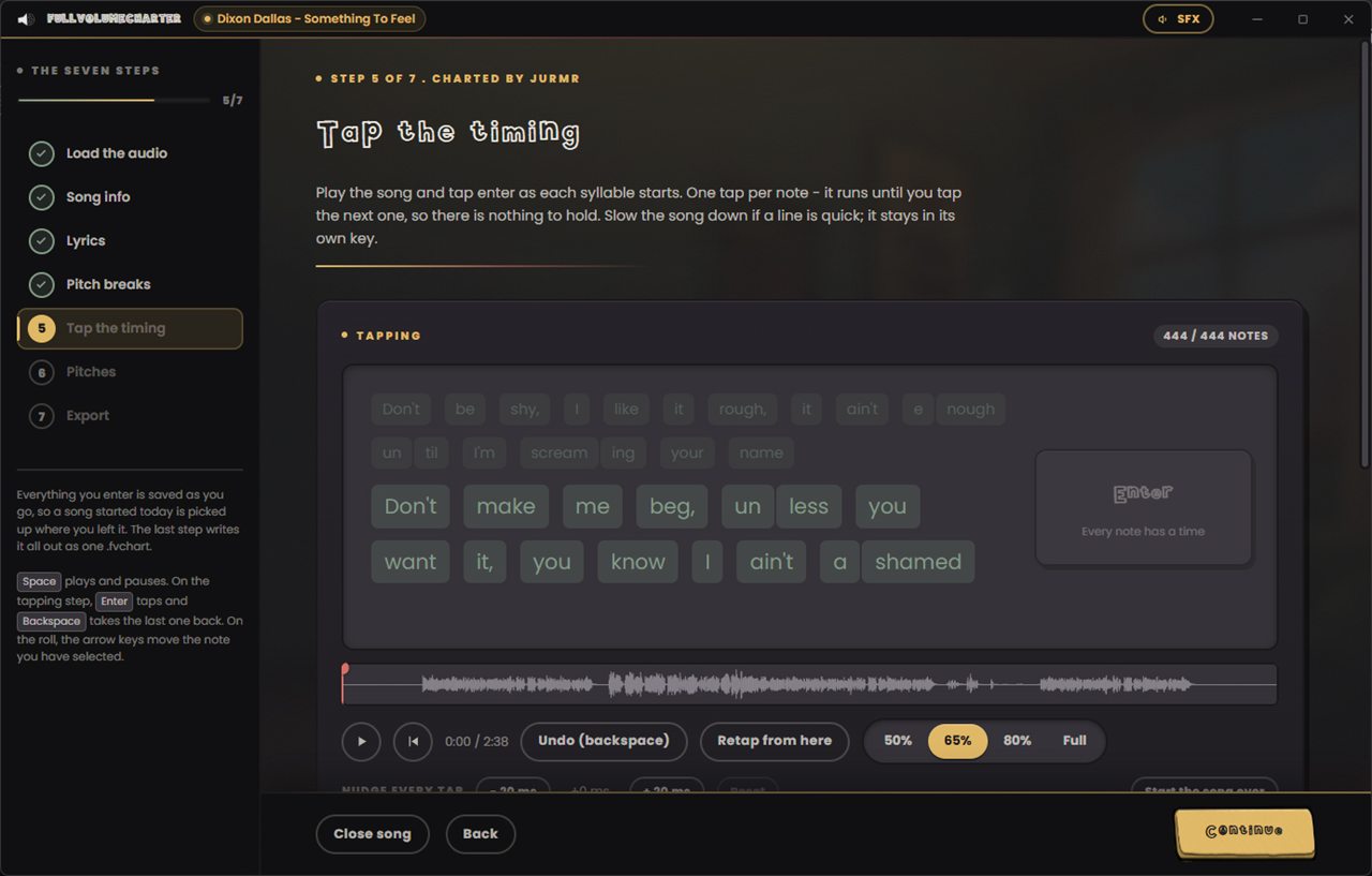 Step five of FullVolumeCharter: the tapping view, with the upcoming syllables in a grid, an Enter prompt, the song waveform, an undo button and speed buttons at 50, 65, 80 per cent and full.