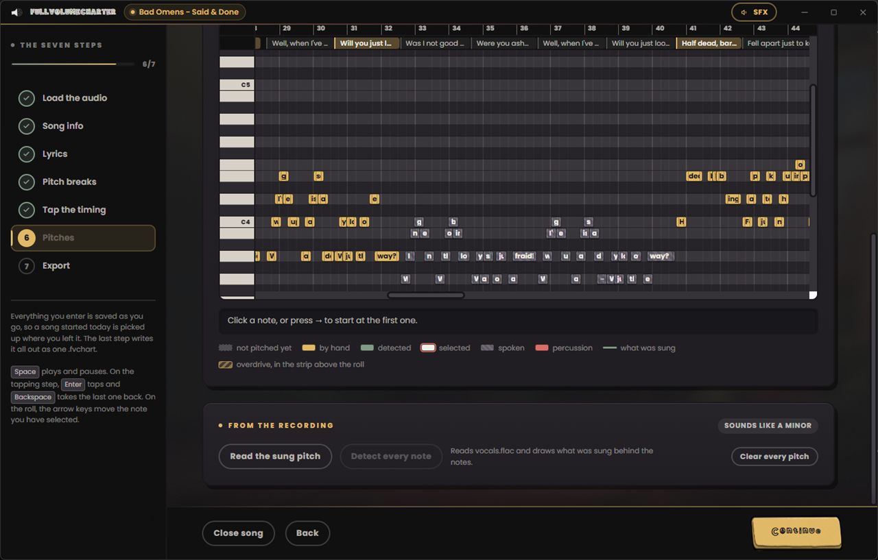 Step six of FullVolumeCharter: the piano roll, with a note box per syllable laid out against a keyboard down the left, a color key beneath it, and the read from the recording panel.
