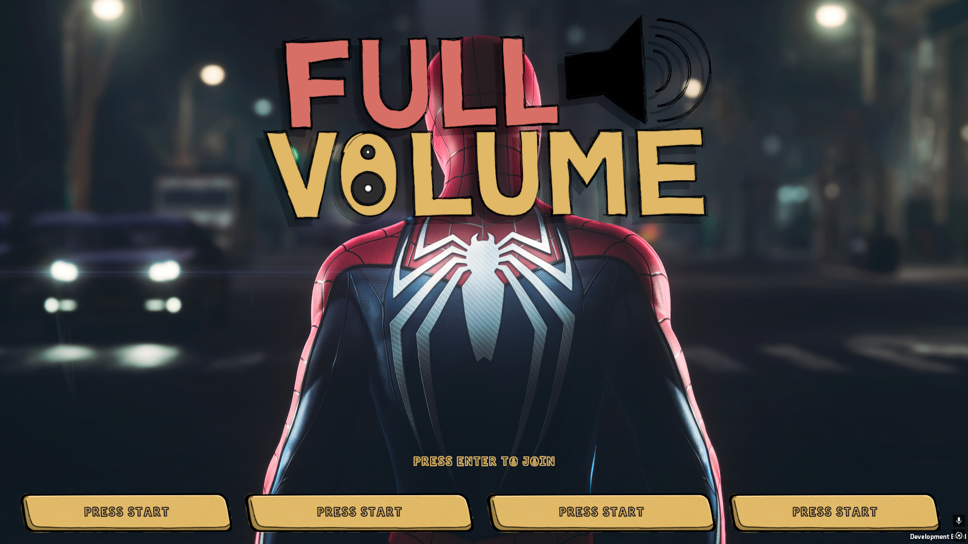 The title screen. The logo over the player's own backdrop, with PRESS START along the bottom.