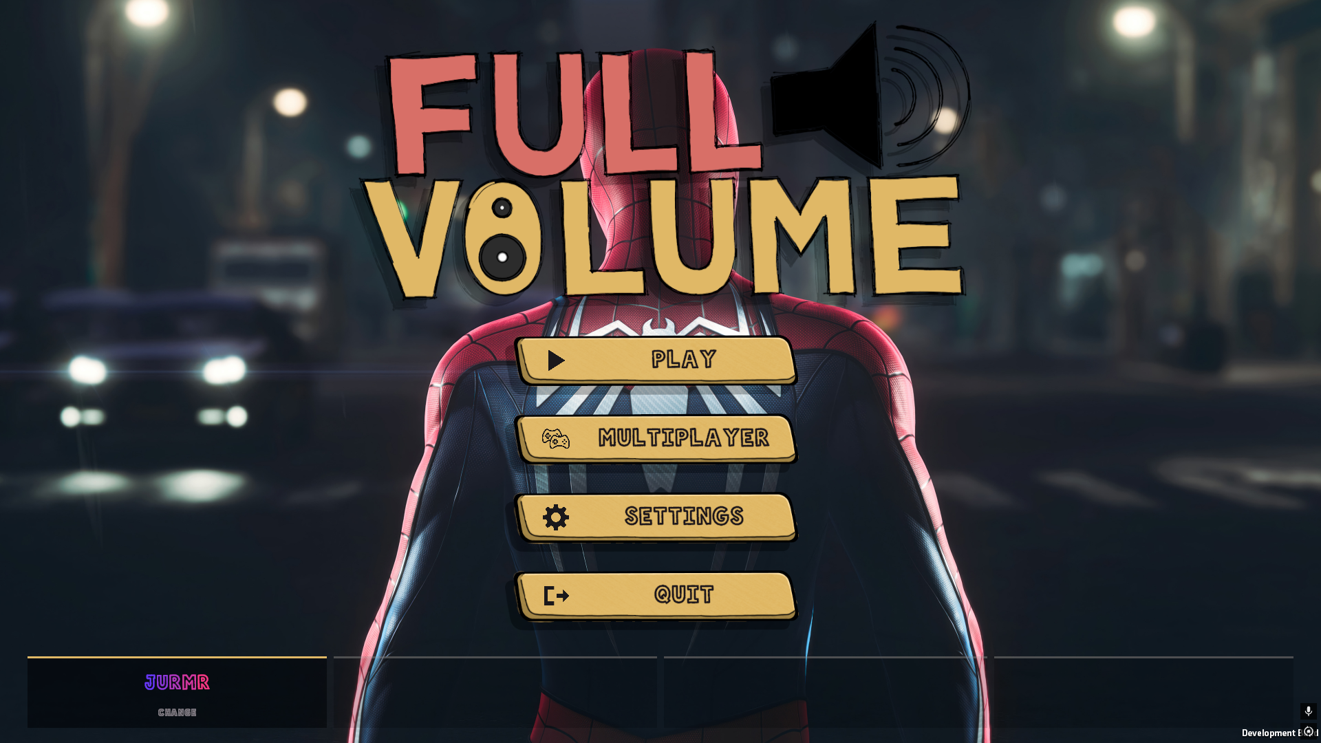 The main menu: Play, Multiplayer, Settings and Quit on gold plates, with the signed-in singer along the bottom.