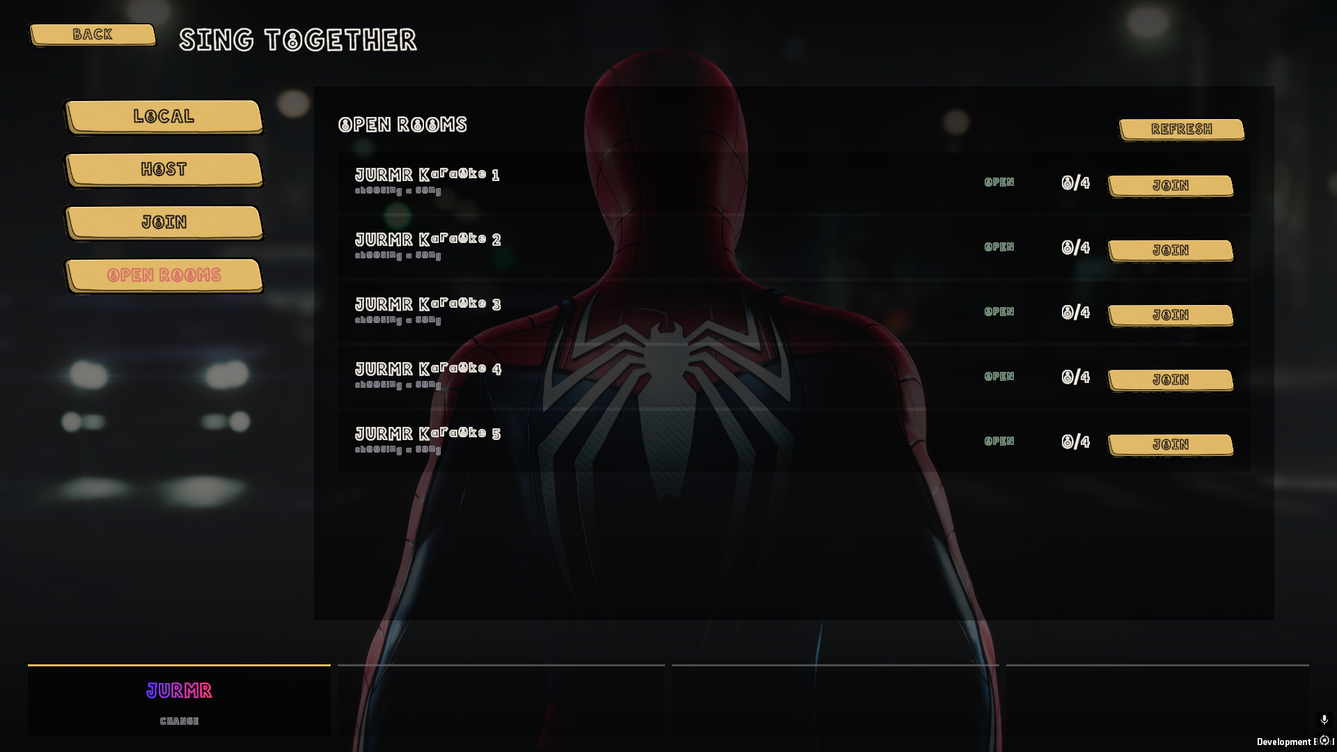The Sing Together screen showing the open rooms list, five JURMR Karaoke rooms each marked OPEN with a Join plate.