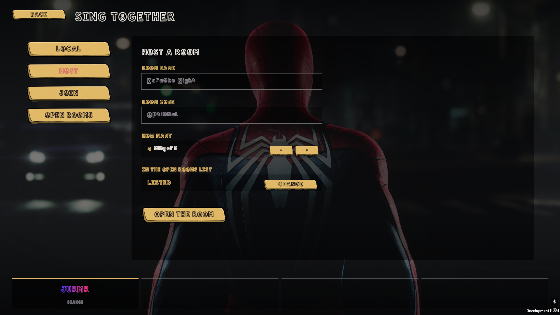 The Host a Room form: room name, optional room code, how many singers, and whether it appears in the open rooms list.