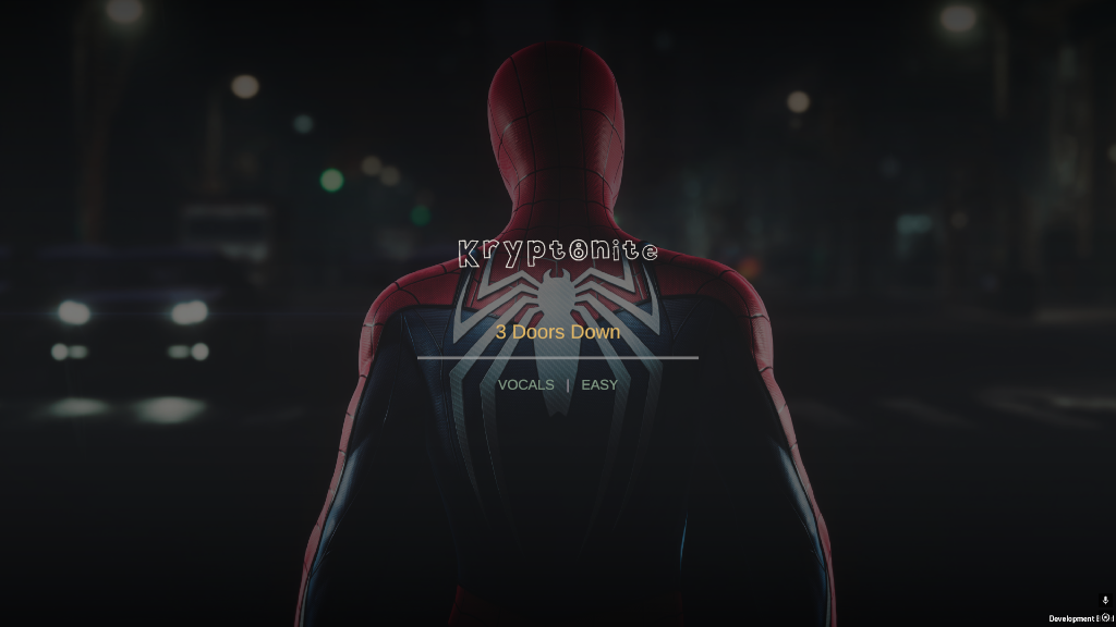 The song intro card: Kryptonite by 3 Doors Down, marked VOCALS and EASY, over the backdrop.