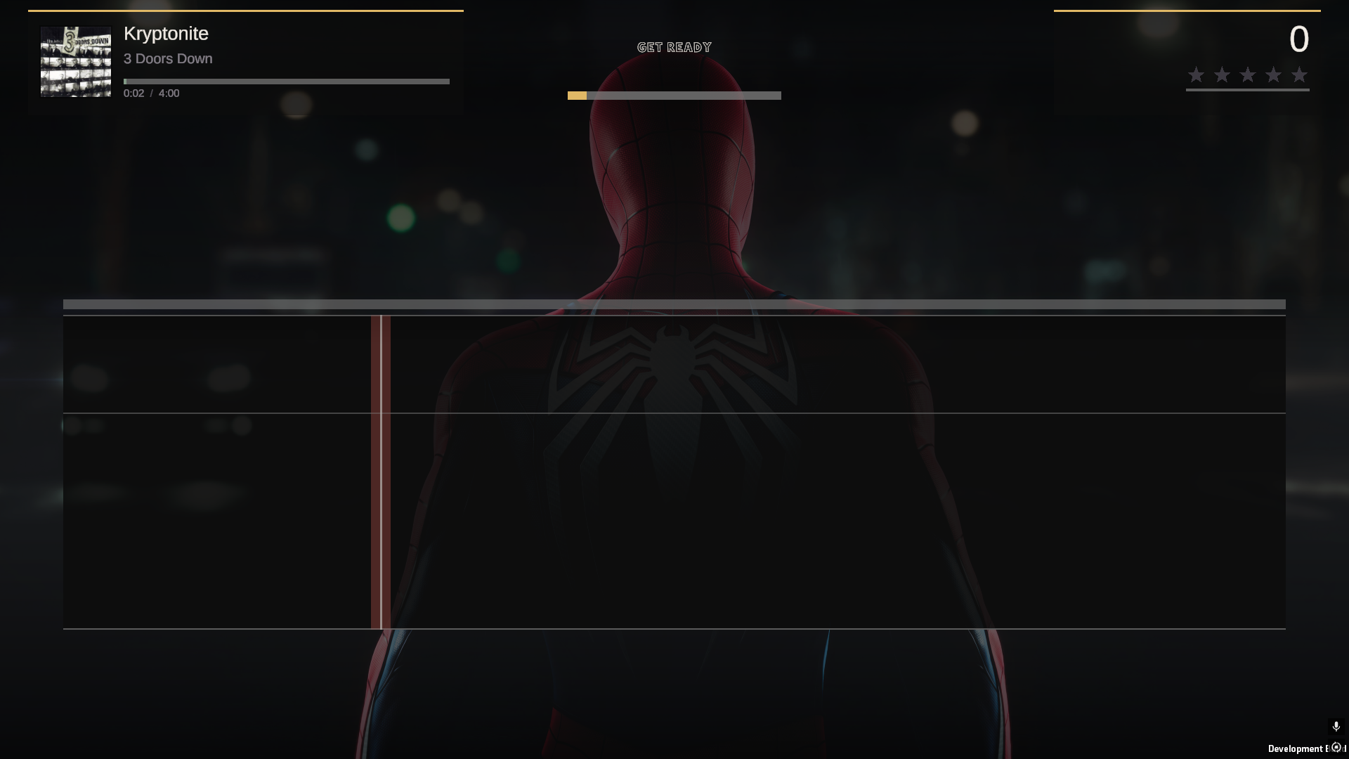 Gameplay: the vocal track across the screen, cover art and progress top left, score and five stars top right, GET READY in the header.