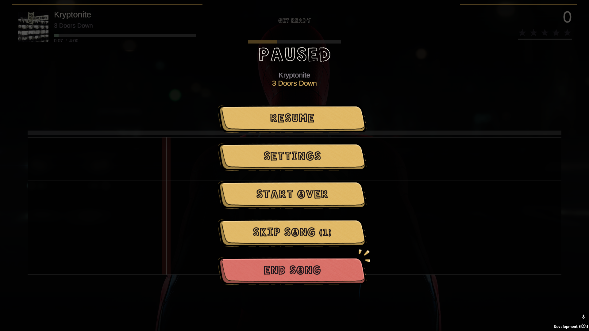 The pause menu: Resume, Settings, Start Over, Skip Song and a coral End Song plate.