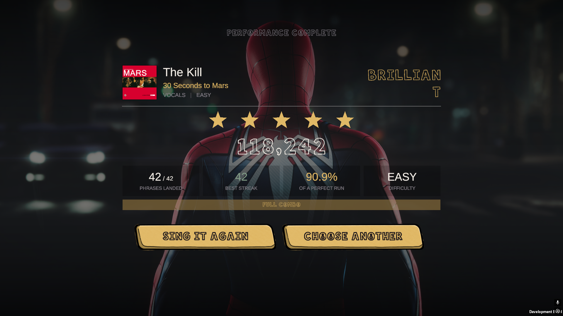 The results screen: The Kill by 30 Seconds to Mars graded BRILLIANT, five stars, 118,242 points, 42 of 42 phrases landed and a FULL COMBO banner.