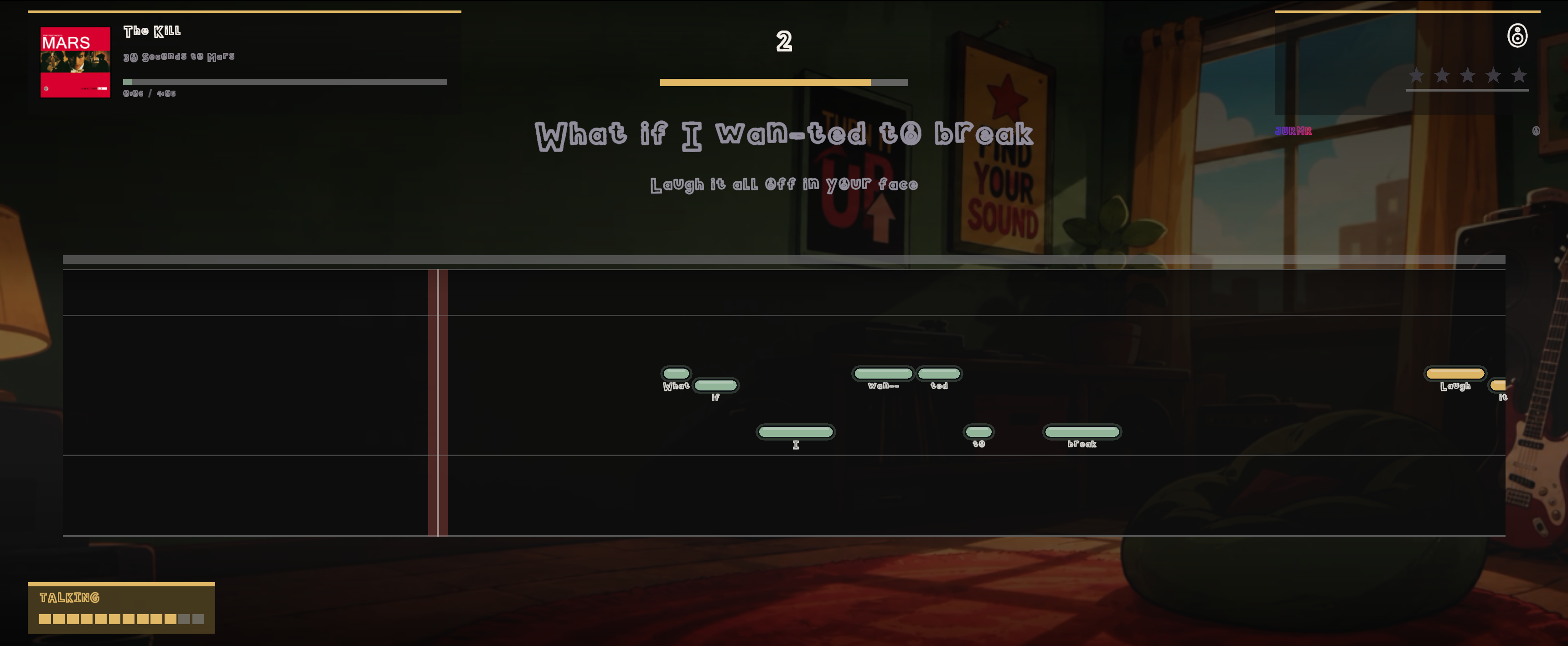 FullVolume in play: the lyric line, the vocal track and the note bars over the hand drawn room